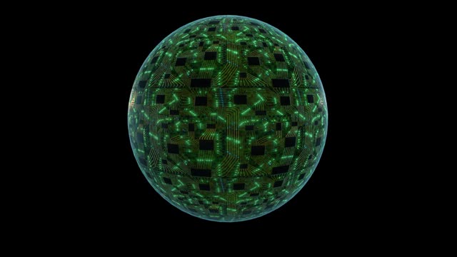 三维数字概念，球体行星与电路板和cpu。数字神经网络。CPU的涟漪视频下载