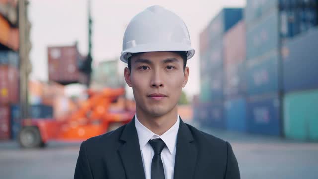 微笑的肖像亚洲商人或工程师年龄27岁看着相机的信心在商业运输的背景。工作的骄傲概念。视频素材
