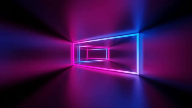 抽象飞行在未来的走廊，无缝循环4k背景，荧光紫外线，彩色激光霓虹线，几何无尽隧道，蓝粉色光谱，3d渲染视频素材