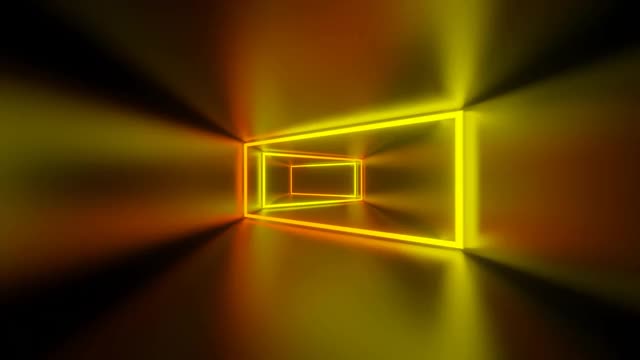 抽象飞行在未来的走廊，无缝循环4k背景，彩色激光霓虹线，几何无尽隧道，黄橙色光谱，3d渲染视频素材