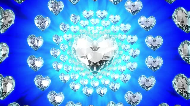 3d渲染运动循环的钻石心形旋转转盘与闪烁粒子在蓝色的光，背景为情人节的主题。视频素材