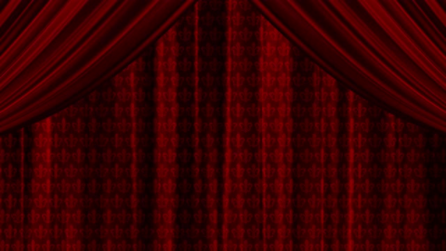 面料上有皇家图案的窗帘。红扑画布。拉开窗帘，翅膀。隔离。透明背景。阿尔法通道。视频素材
