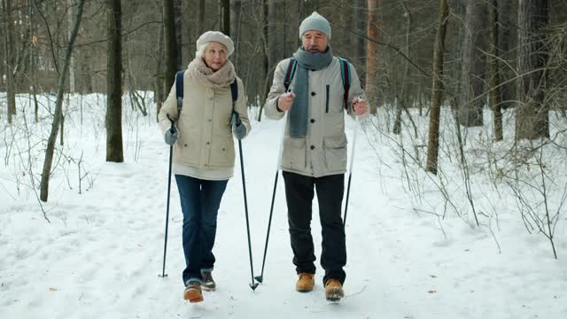 一对老年男女拄着滑雪杖，在森林里四处欣赏大自然视频下载
