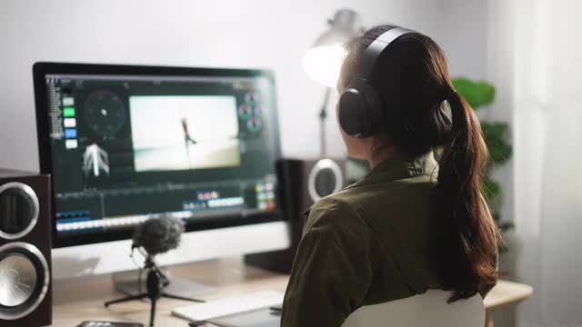 后期制作-女性视频编辑用耳机在电脑上编辑视频视频下载