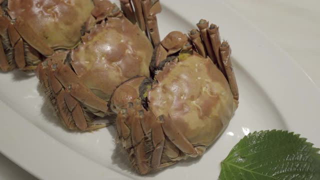 特写拍摄的新鲜螃蟹在白色桌子上的餐厅-苏州，中国视频素材