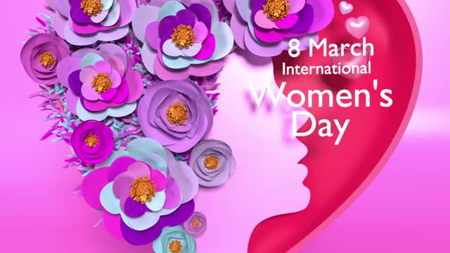 女性剪影与花做一个心脏形状庆祝3月8日国际妇女节4K分辨率动画视频下载