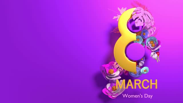 金色数字8与妇女节文本和鲜花庆祝3月8日国际妇女节4K分辨率动画视频素材