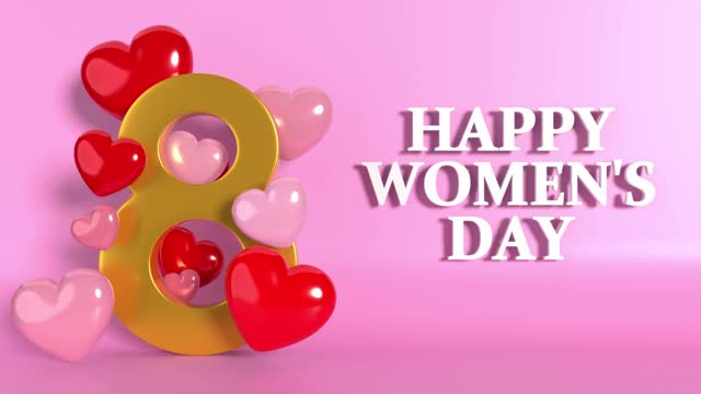 金色数字8与心坠落庆祝3月8日国际妇女节4K分辨率的女性符号动画视频下载