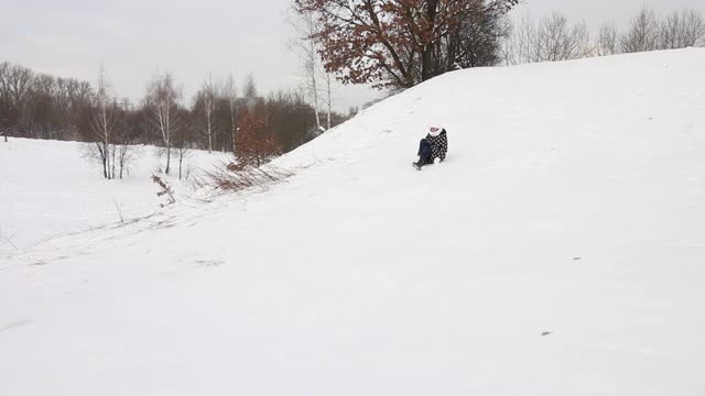 女孩用雪橇从雪山上滑下来。最后，他仰面摔倒了。视频下载