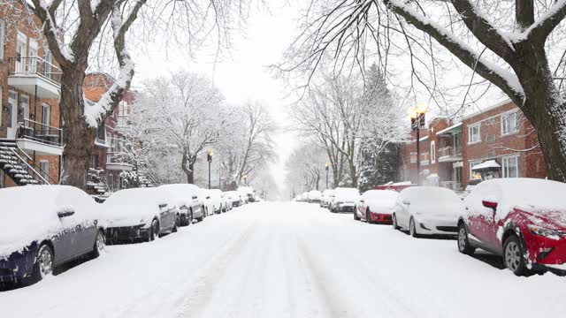 蒙特利尔罗斯蒙特地区冬季暴风雪期间的住宅区街道视频素材