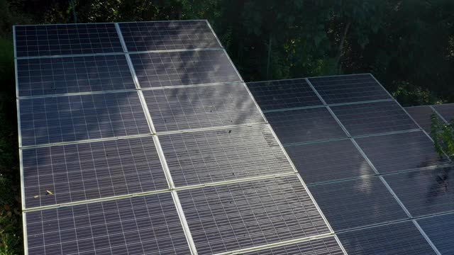 鸟瞰图的太阳能电池板在丛林设置视频下载