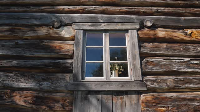 用圆木建造的旧木屋上的窗户视频素材