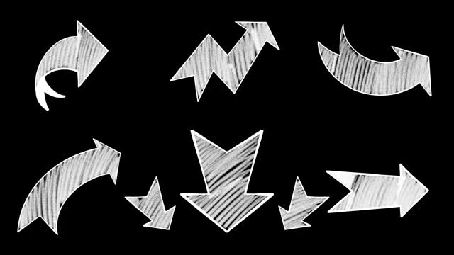涂鸦风格的箭。一组动画手绘的白色箭头孤立在黑色背景。视频下载