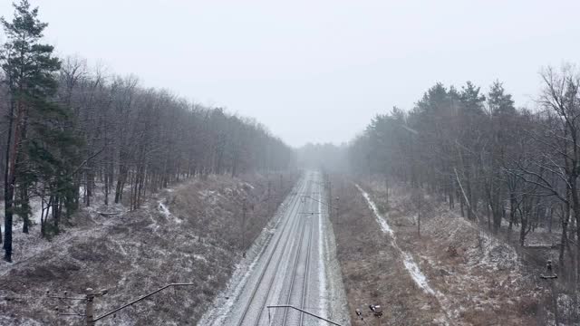 旅客列车通过冬天的森林。鸟瞰图。视频素材