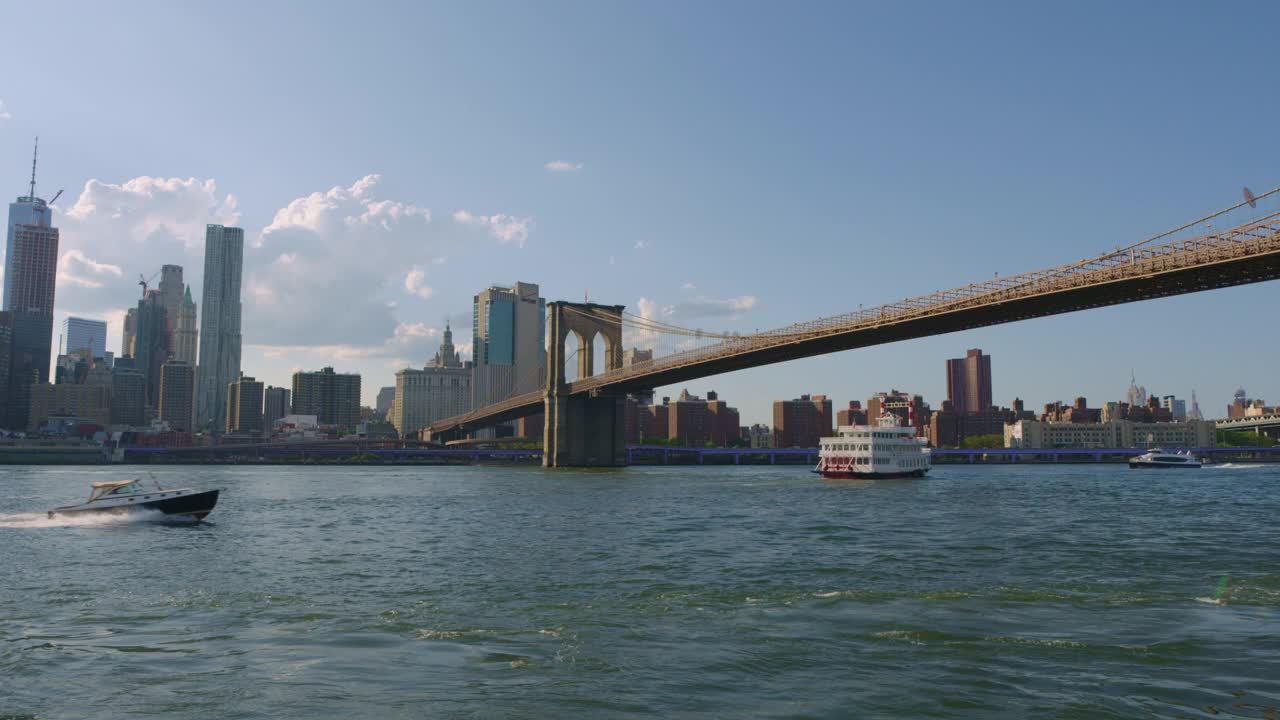 游艇驶过哈德逊河和曼哈顿桥/美国纽约视频下载