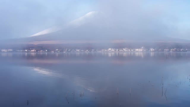 薄雾清晨，富士山和山中湖上的天鹅倒映视频下载
