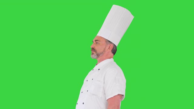 高级厨师在绿色屏幕上欢迎他的餐厅客人，色度钥匙视频素材
