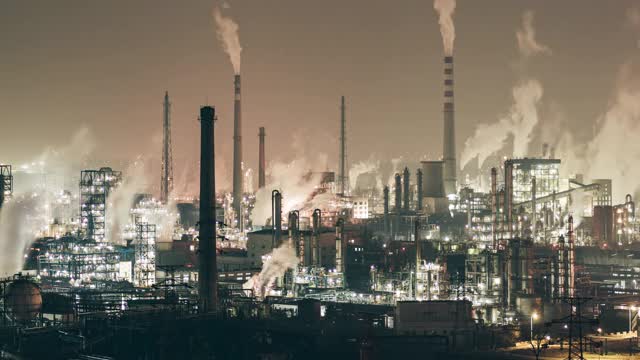 石化装置及炼油工业夜间鸟瞰图视频素材