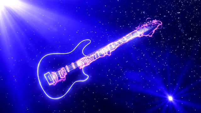 发光的电吉他在太空中缓慢漂浮的粒子，被光反射包围视频素材