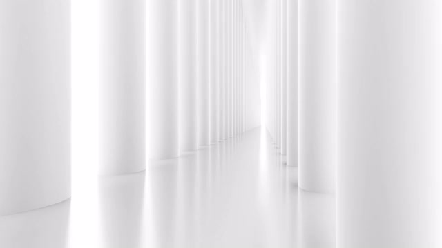 未来空旷的白色走廊有柱子和明亮的灯光视频素材