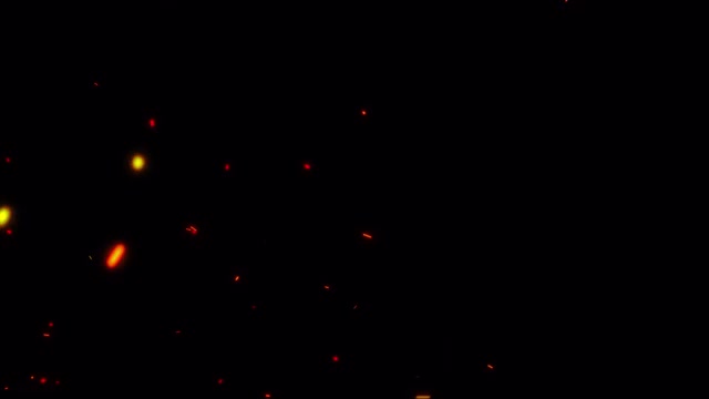 燃烧的热火花燃烧余烬粒子随机飞行。使用ProRes 4444在黑色隔离透明的4K 3D渲染火焰发光粒子。火尘屏幕叠加效果。视频素材