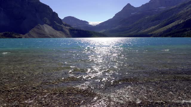 弓湖湖岸夏日阳光明媚。班夫国家公园的弓冰川视频素材