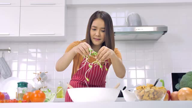 年轻的亚洲妇女在厨房做饭。妻子正在为丈夫做一顿特别的饭。视频素材