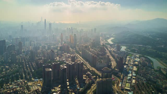 中国艳阳天深圳城市景观香港边境河边航拍全景4k时间推移视频下载