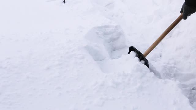 冬季户外活动。铲子的特写镜头。一个男人用黑色的塑料铲在他的院子里清理雪。俄罗斯西伯利亚的冬天。视频下载