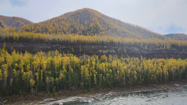 全景式的山上长满了森林，秋天，山河，高原，多云，陡峭的岩石视频下载