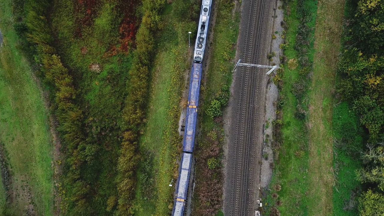 火车在大自然中间的铁路上行驶。Aerial view with a drone above the train and railroads.视频下载