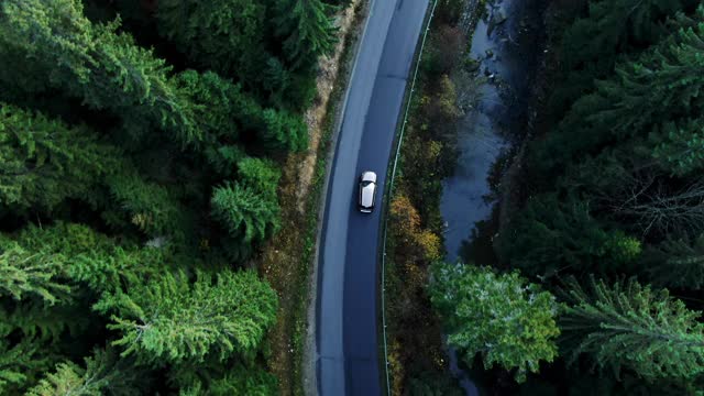 空中森林自然车路顶视图绿色夏季林木车飞行运输、驾驶。乡村、山水、山道风景秀丽视频素材