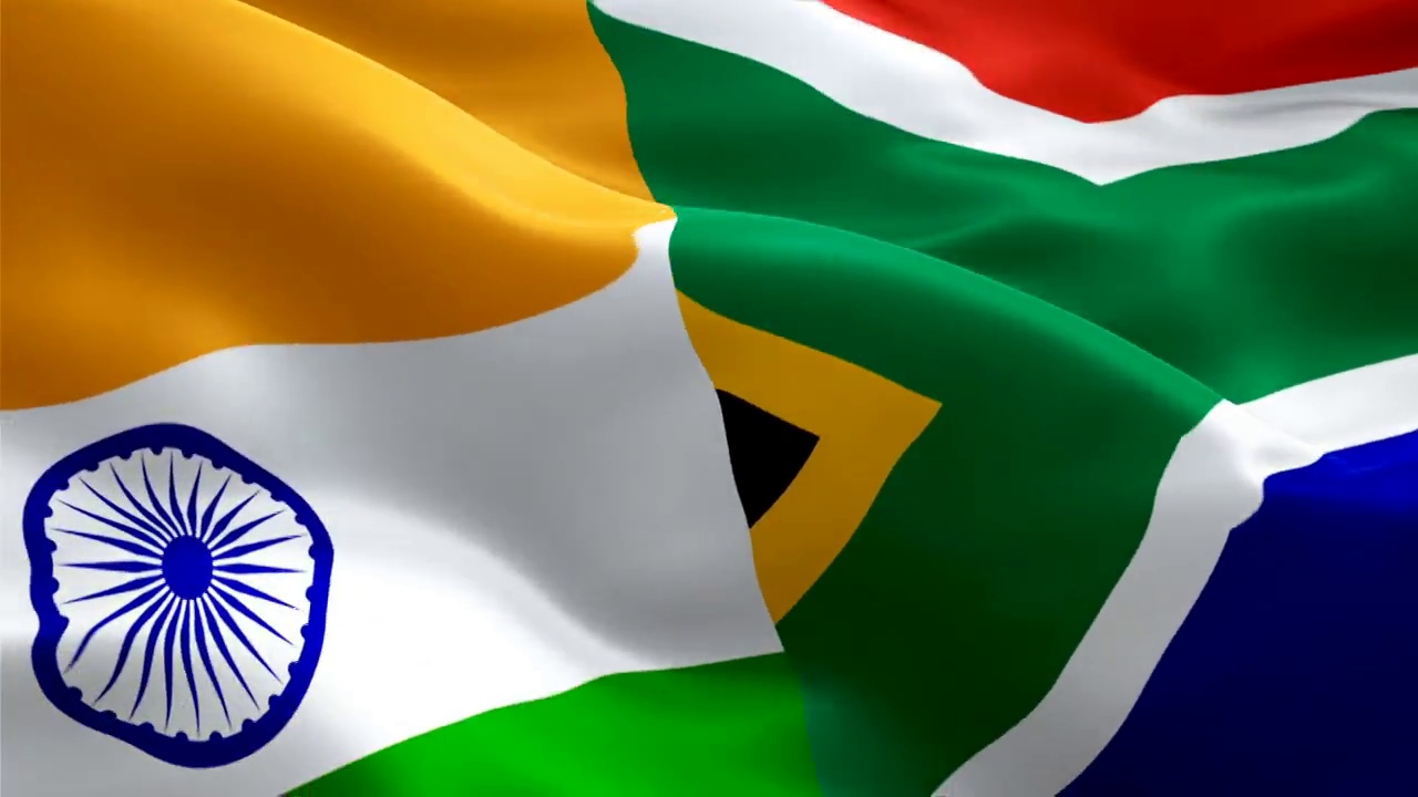 印度和南非国旗特写1080p全高清1920X1080镜头视频挥舞。3d印度对南非挥舞国旗。南非无缝动画标志。印度南非直播比赛得分，国家旗帜连续镜头视频电影，新闻视频下载