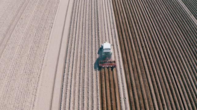农民用拖拉机准备芦笋田的跟踪镜头视频下载