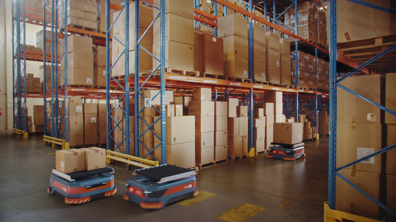 未来技术:自动化现代零售仓库配送AGV机器人在配送物流中心运送纸箱。自动引导车辆运送货物，产品，包裹视频下载