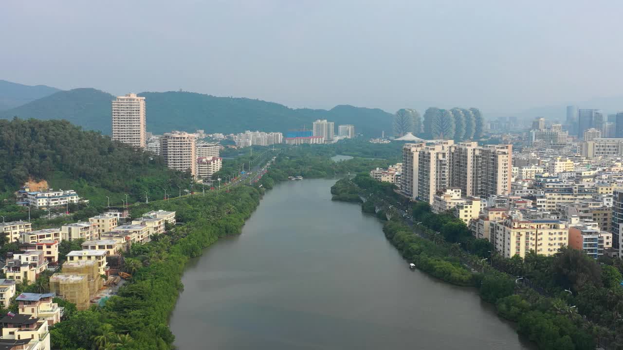 日落时间时间海南岛三亚市航拍河滨全景4k中国视频素材