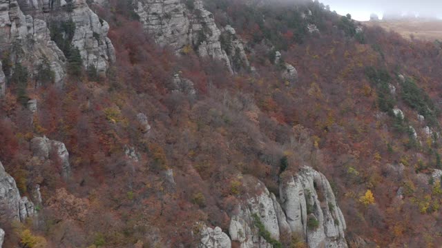 从无人机上俯瞰山顶的森林。从无人机空中向后看景观岩石悬崖和山上覆盖着树木在雾霾云。鬼谷德默尔吉，4k视频下载