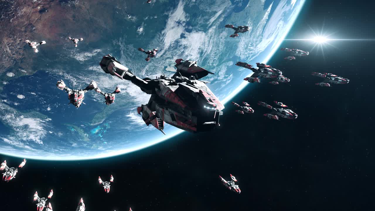 地球轨道上的科幻战舰舰队视频素材