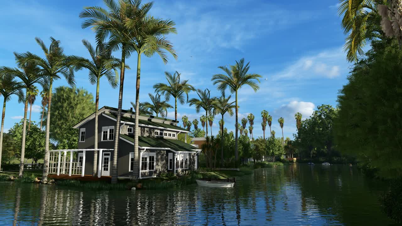 房子很漂亮，靠近水，四周都是棕榈树视频下载