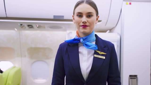 飞行期间，机组人员在飞机上为顾客服务。新的正常程序，空乘人员和所有乘客戴上口罩，预防新冠肺炎疫情。视频素材