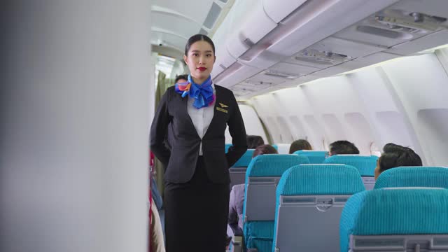 亚洲空乘人员在飞机起飞前进行解释和安全演示。机组人员在飞行过程中为乘客安全做了演示。视频素材