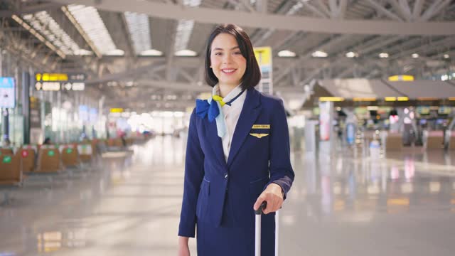 美丽的白人空乘人员在机场航站楼微笑着看着镜头，脸上充满自信和幸福。欢迎所有客户或乘客乘坐飞机。视频素材