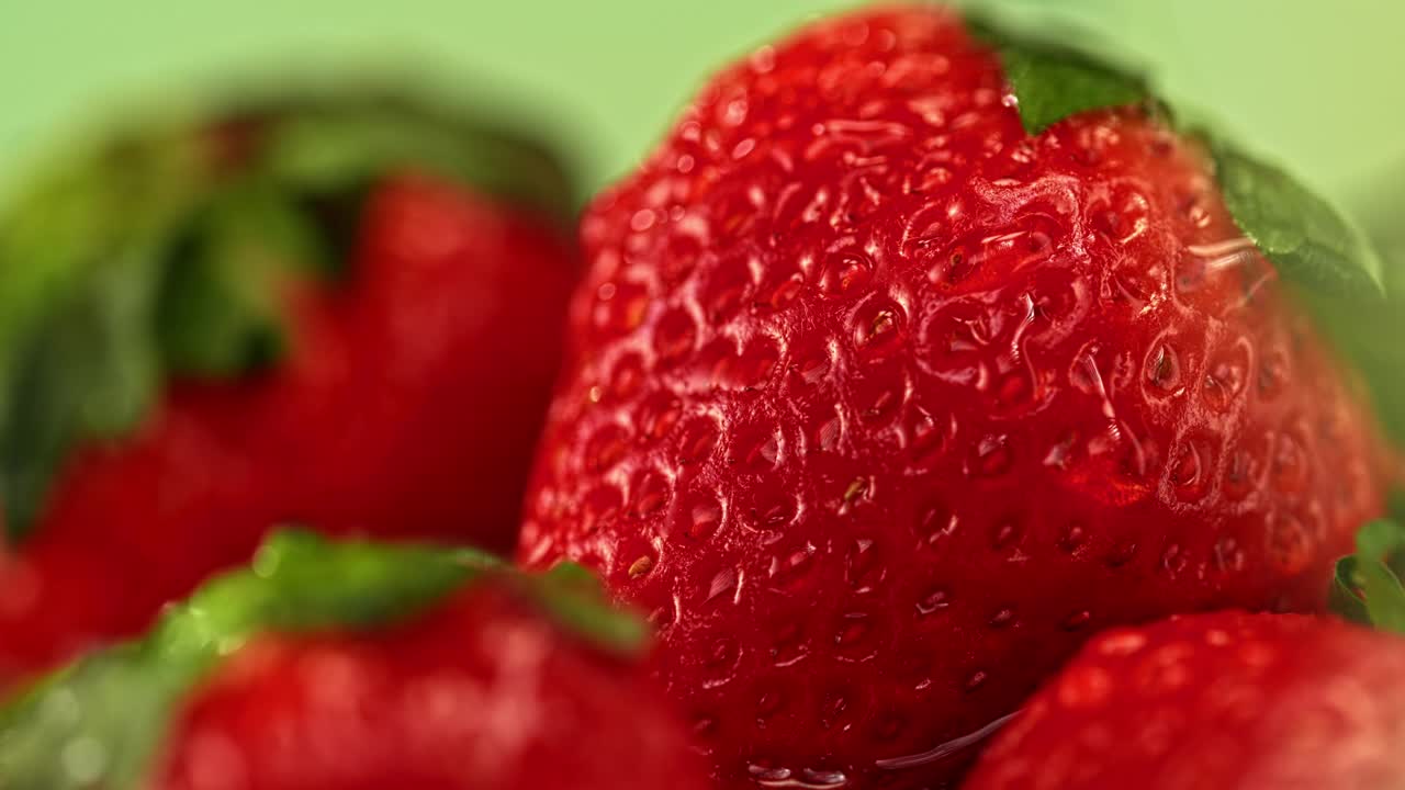 水倒在红色草莓上视频素材