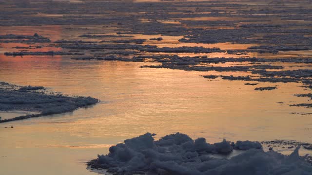 日落时，融化的冰在水面上流动。河上浮冰。全球变暖。视频素材