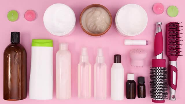 美容spa和化妆品产品采用柔和的粉色主题。停止运动视频下载