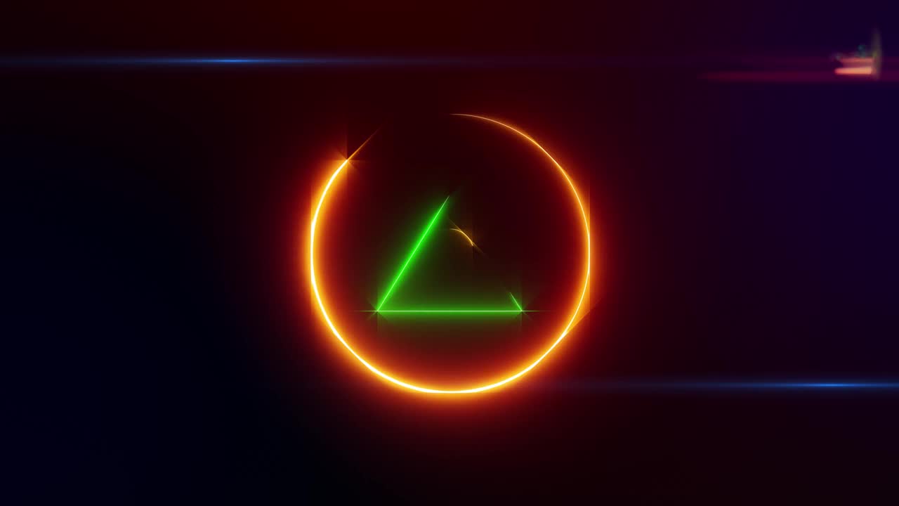 橙色，绿色氖气圈和三角形，抽象背景，循环视频素材