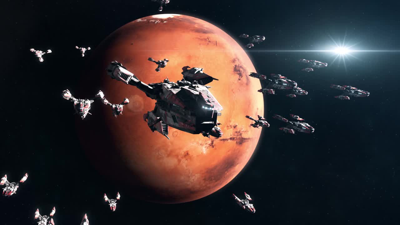 火星轨道上的科幻战舰舰队视频素材