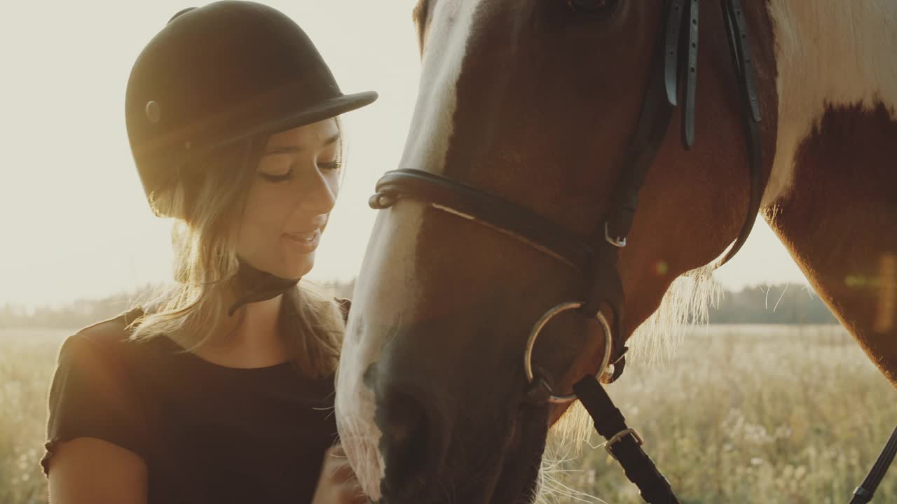 十几岁的女孩准备骑马，给马套上笼头视频下载
