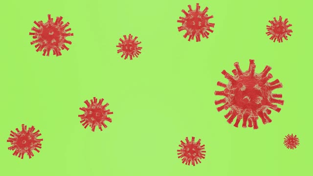 艾滋病病毒、冠状病毒的3d动画。红色细菌细胞或新冠危险病毒在绿色屏幕上旋转，色键背景。视频下载