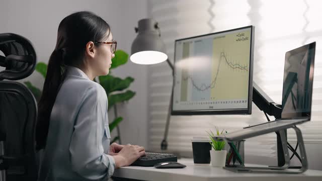亚洲商业女性分析数据图表在她的办公室电脑视频下载